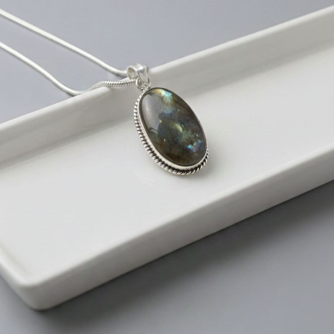 Mystic Labradorite Oval Pendant Necklace