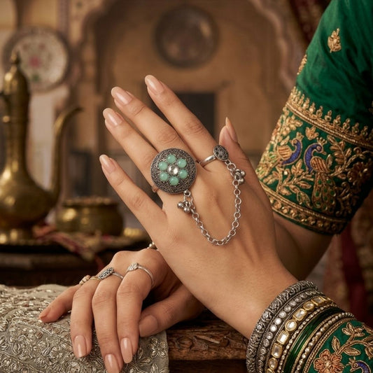 Oxidized German Silver Kashmiri-Style Mint Green Stone Floral Chain Hand Harness Ring