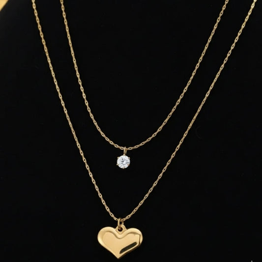 Elegant Double Chain Necklace with Heart & Crystal Drop