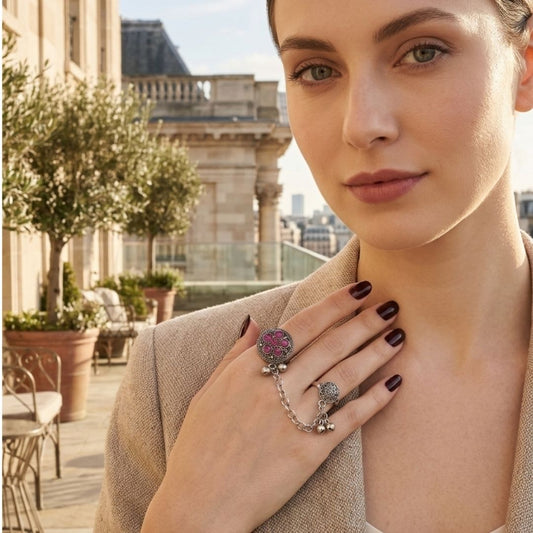 Oxidized German Silver Kashmiri-Style Pink Stone Floral Chain Hand Harness Ring