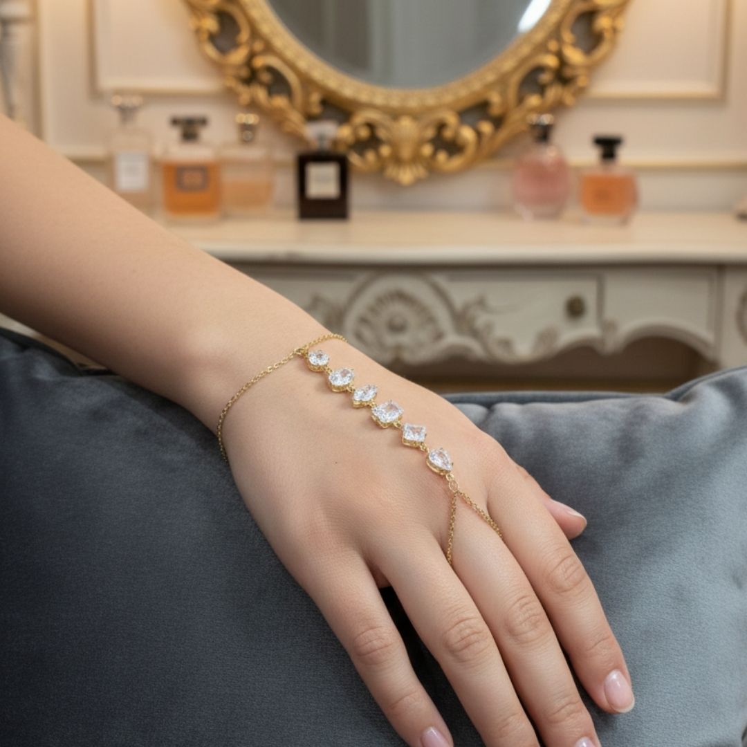 Luxury Gold Hand Chain Bracelet with Multi-Shape CZ Stones