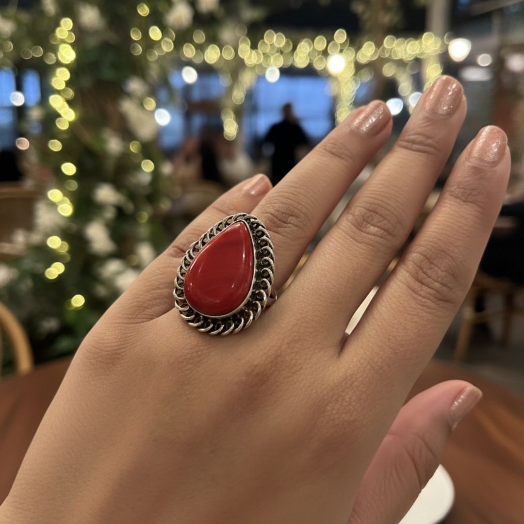 Teardrop Natural Red Stone Ring with Oxidised Silver Finish