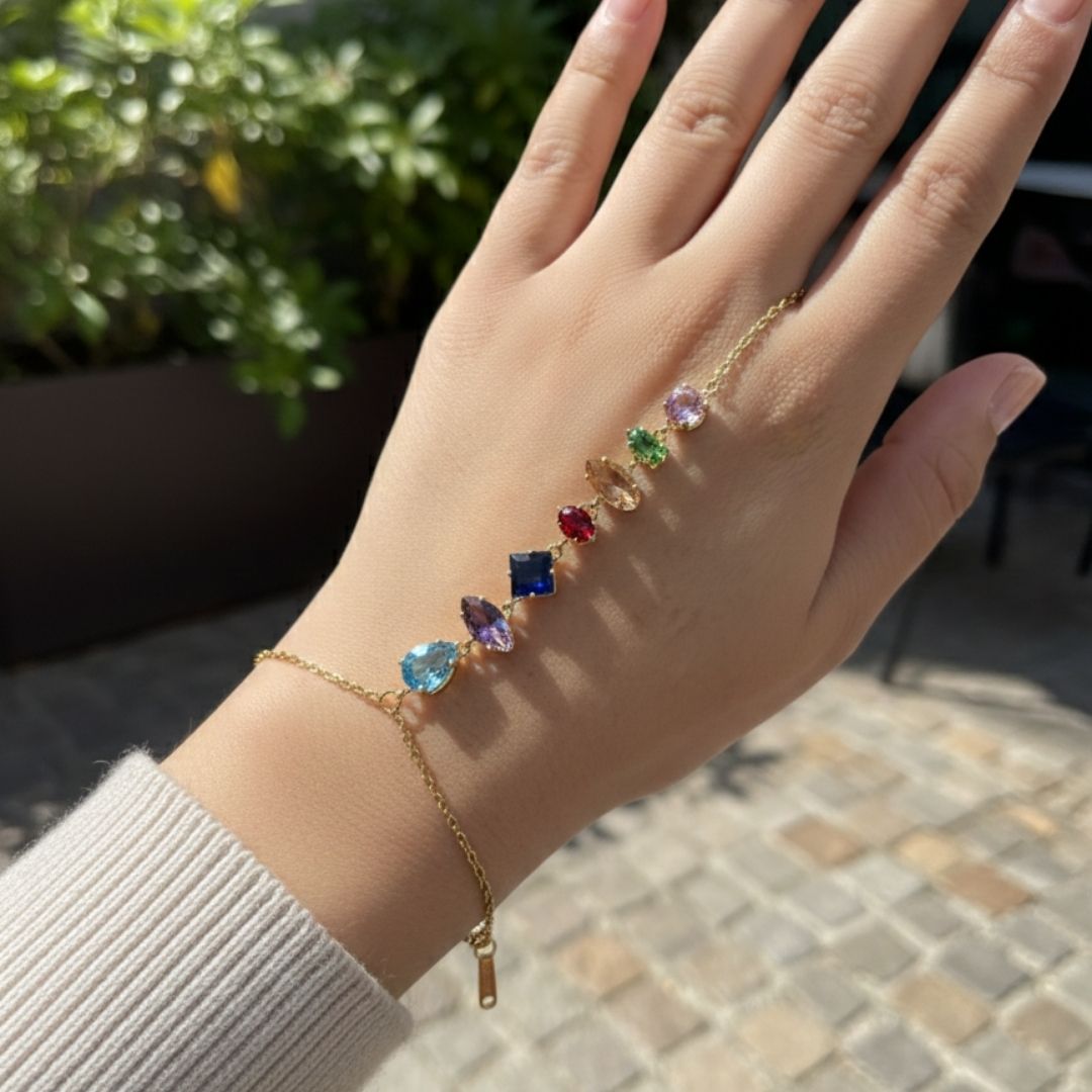 Luxury Gold Hand Chain with Rainbow-Cut Stones
