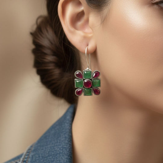 Oxidised Silver Square Drop Earrings with Green and Ruby-Tone Stones