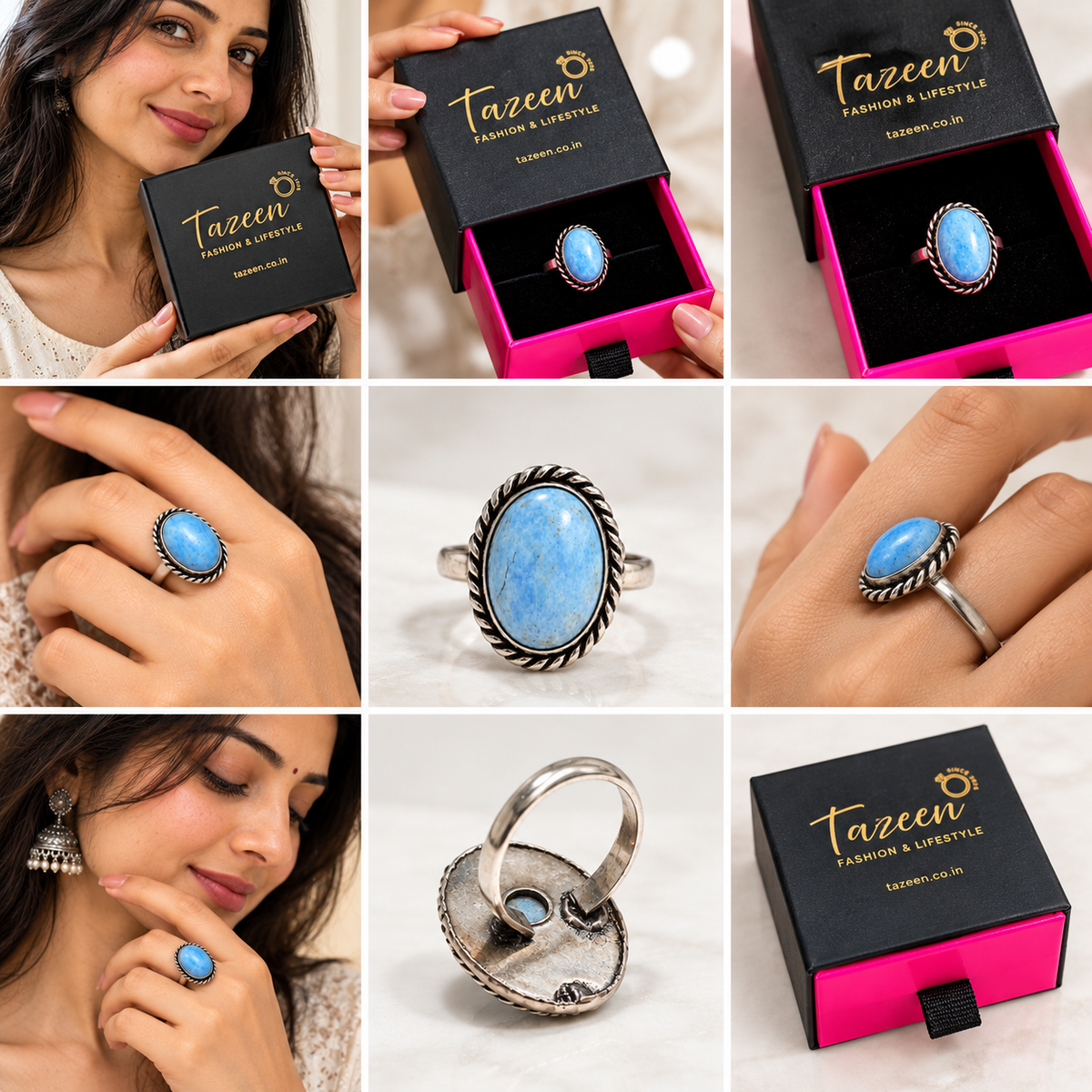 Oxidised Silver Blue Stone Statement Ring for Women