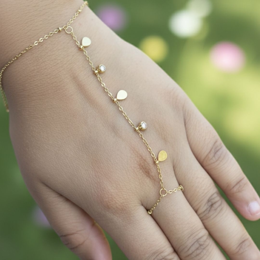 Anti-Tarnish Gold Hand Chain Bracelet with Stone Detailing