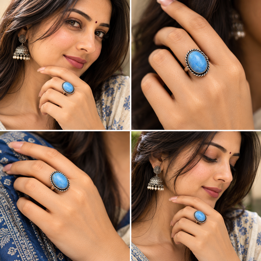 Oxidised Silver Blue Stone Statement Ring for Women