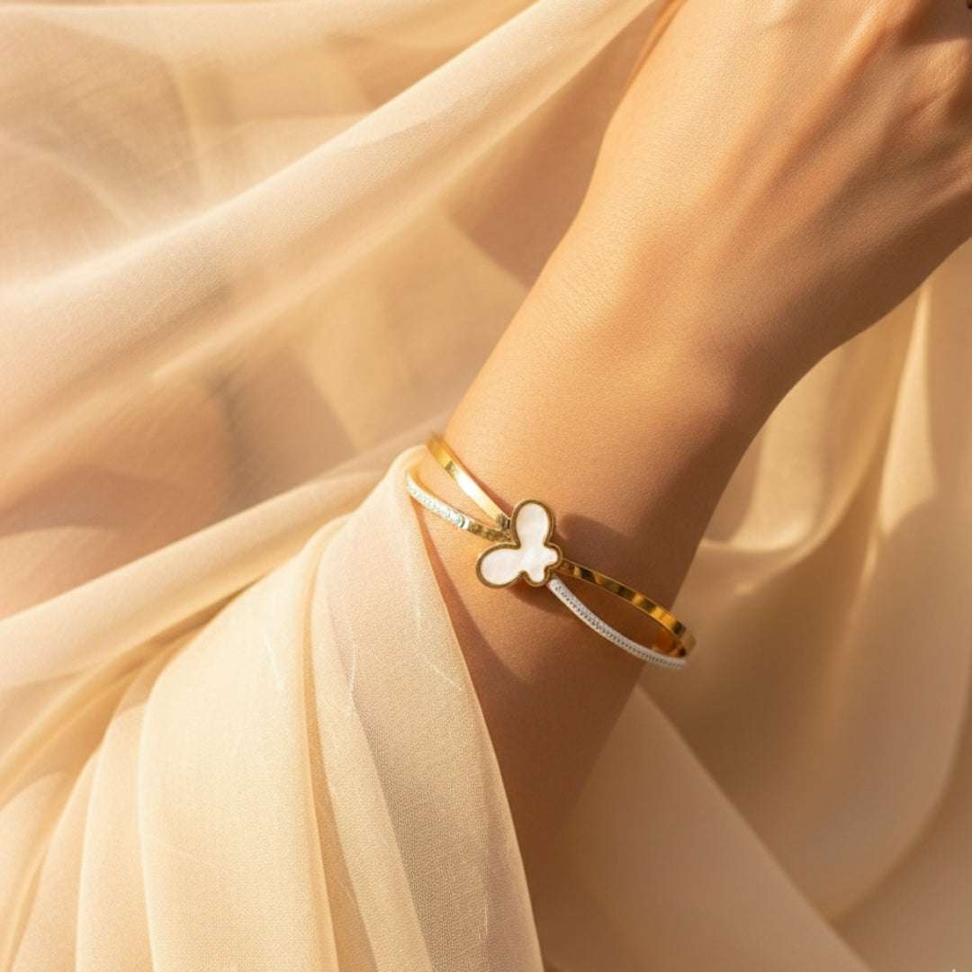 Anti-Tarnish Butterfly Bracelet | Mother of Pearl & Crystal Bangle