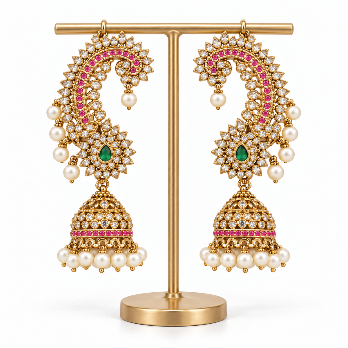 AD Stone Ear Cuff Jhumka Earrings with Single Green Stone and Multiple Rani Pink Stones
