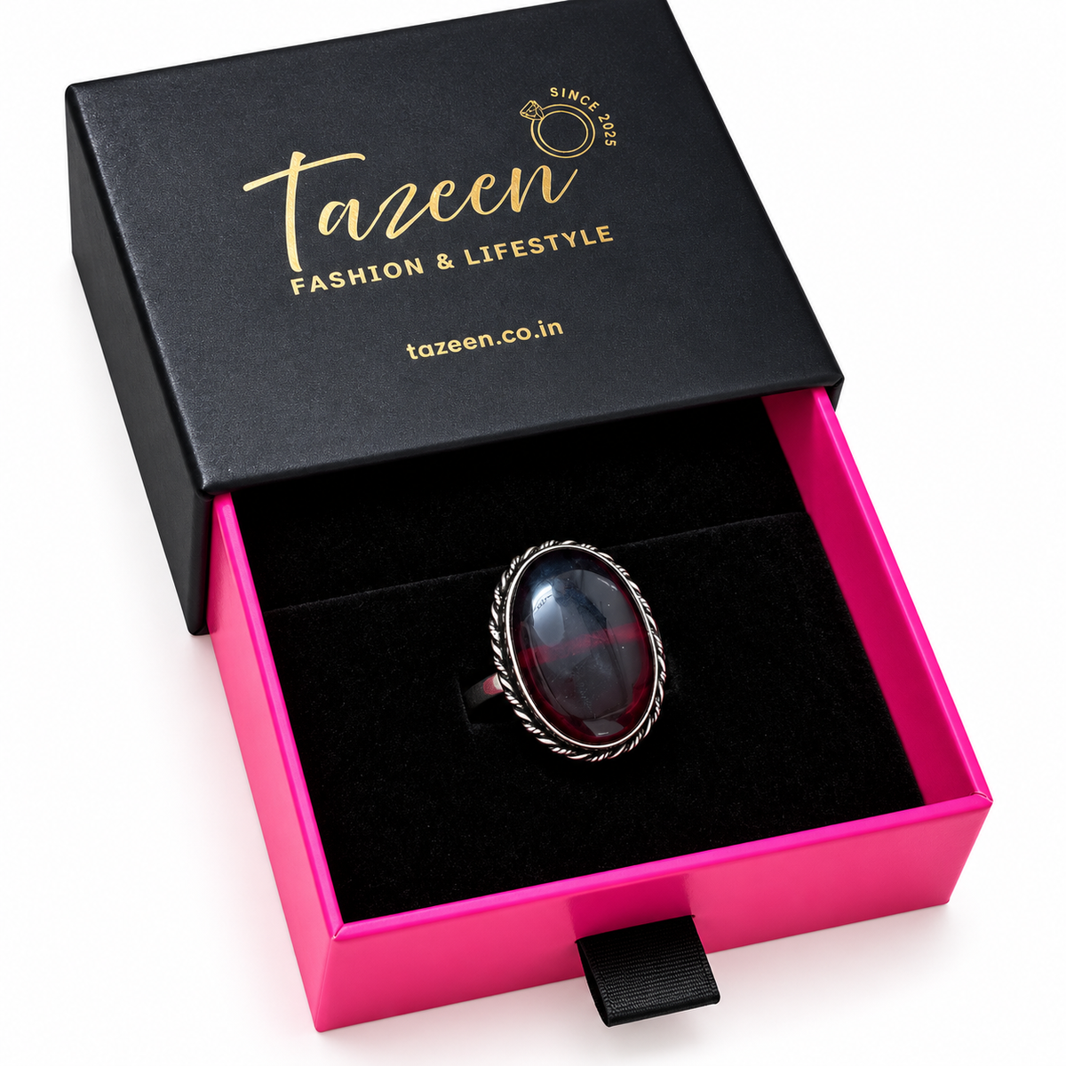 Oxidised Silver Deep Red Stone Statement Ring