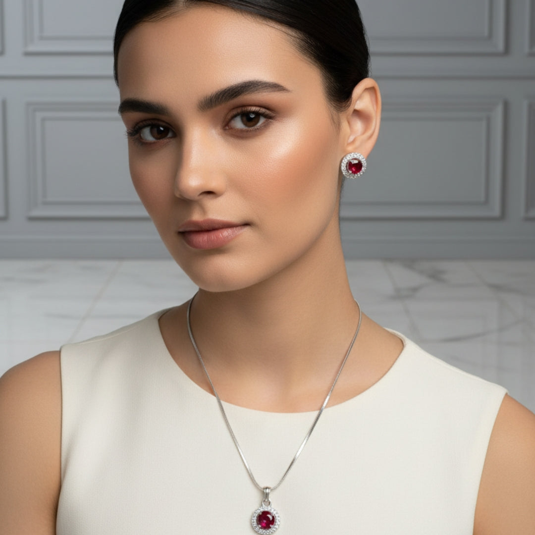 Ruby American Diamond Pendant Necklace