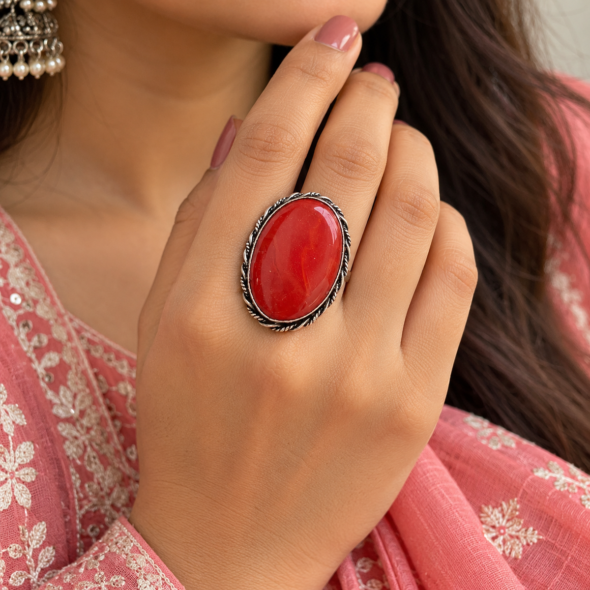 Oxidised Silver Red Stone Statement Ring for Women