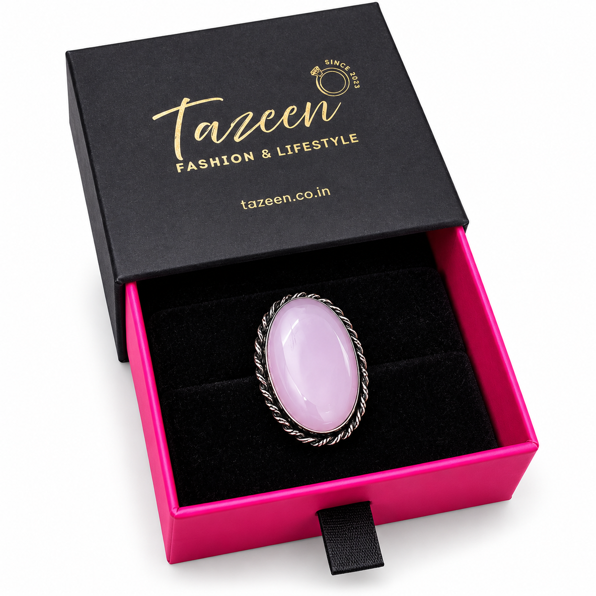 Oxidised Silver Pink Stone Statement Ring for Women