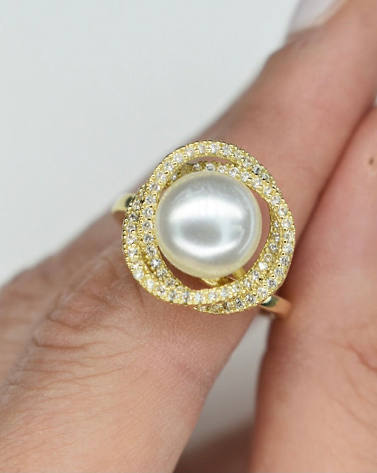 Gold Ring With Pearl And Crystal Halo