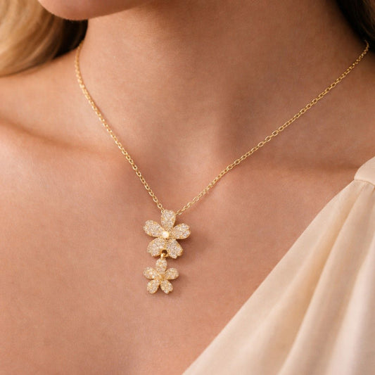 Floral Double Flower CZ Pendant Necklace | Layered Crystal Blossom Silver Chain