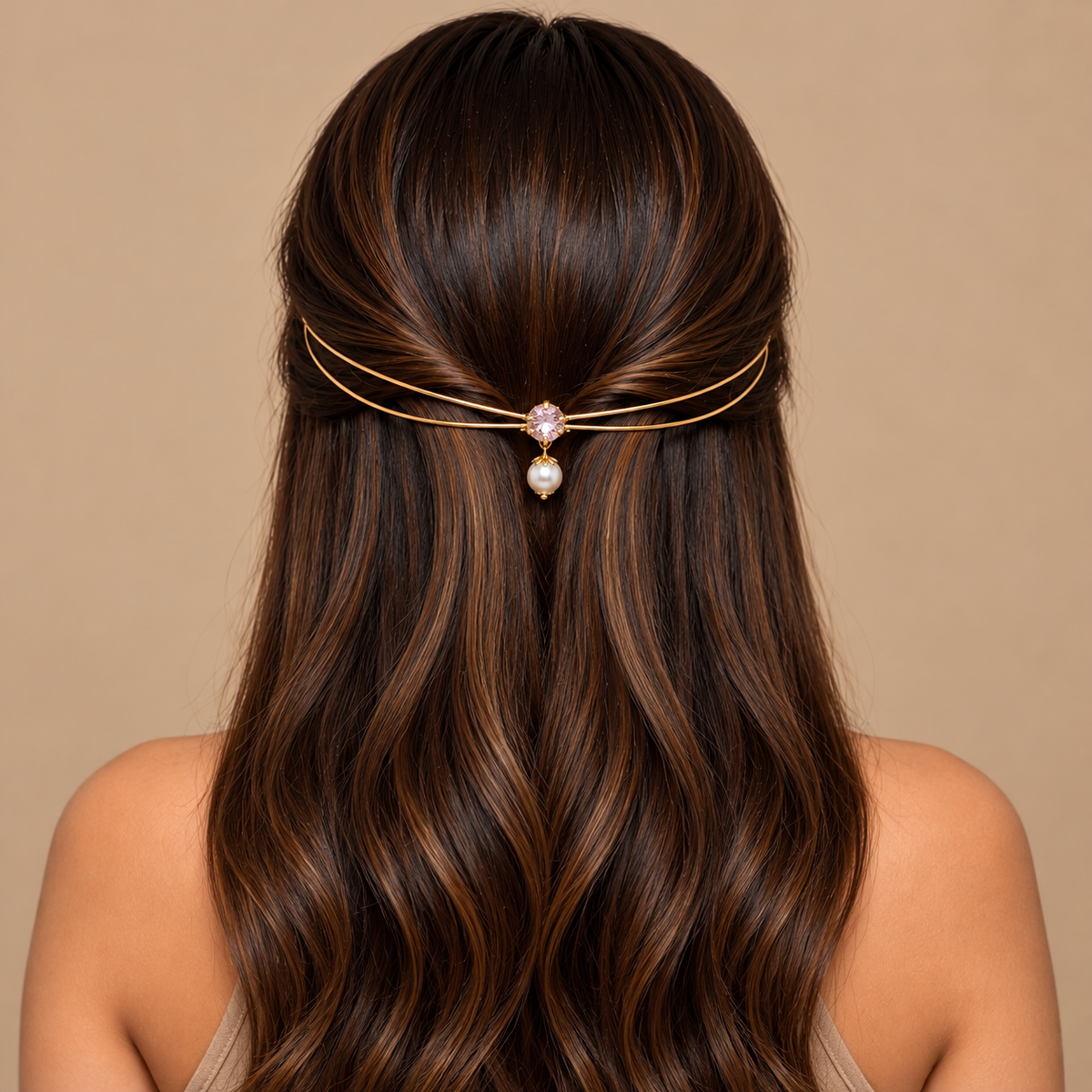 Gold-Plated Pink Stone Pearl Hairlet for Women