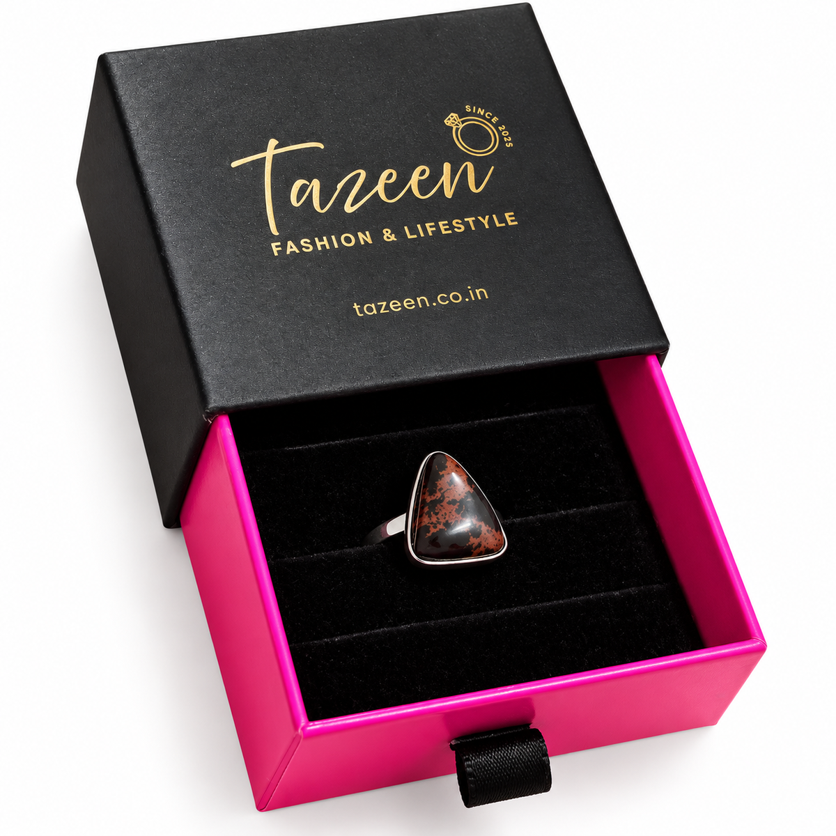 Oxidised Silver Triangle Statement Ring with Black & Rust Red Stone