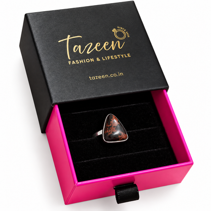 Oxidised Silver Triangle Statement Ring with Black & Rust Red Stone