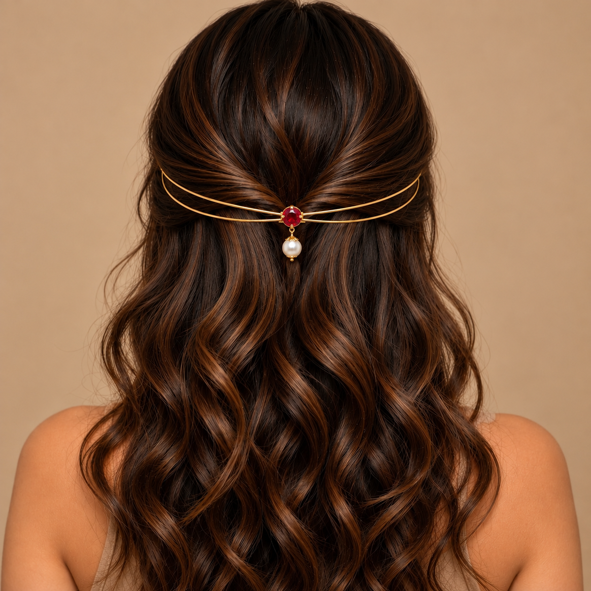 Gold-Plated Red Stone Pearl Hairlet for Women