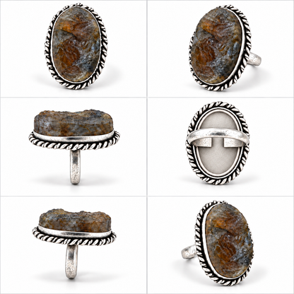 Oval Smoky Grey Druzy Statement Ring with Antique Silver-Tone Rope