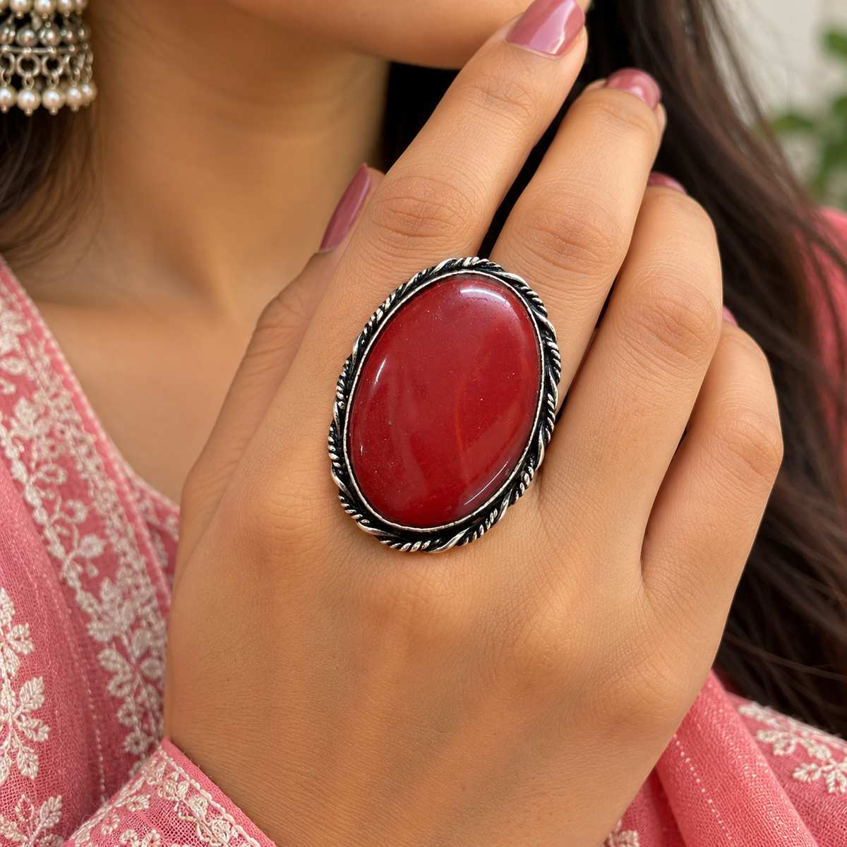 Oxidised Silver Red Stone Statement Ring for Women