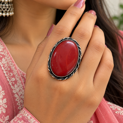 Oxidised Silver Red Stone Statement Ring for Women