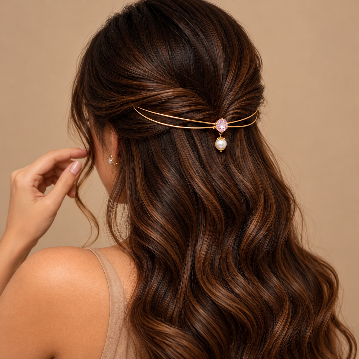 Gold-Plated Pink Stone Pearl Hairlet for Women
