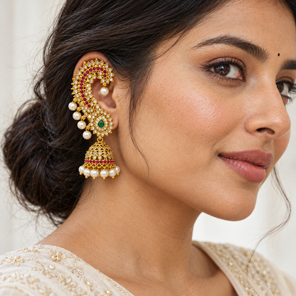 AD Stone Ear Cuff Jhumka Earrings with Single Green Stone and Multiple Rani Pink Stones