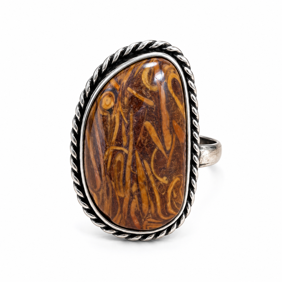 Oxidised Silver Brown Patterned Stone Statement Ring
