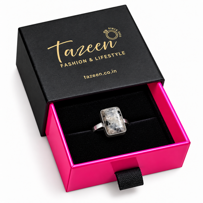Oxidised Silver Rectangular Natural Stone Statement Ring for Women