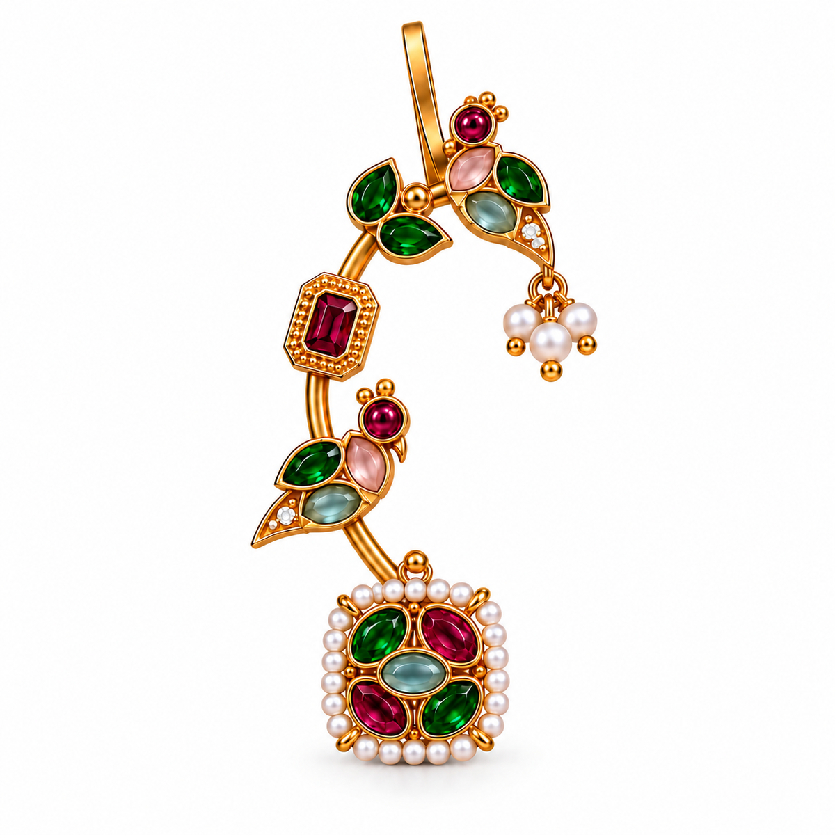 Gold-Plated Peacock-Shaped Ear Cuff Earrings with Artificial Stones and Bead Embellishments