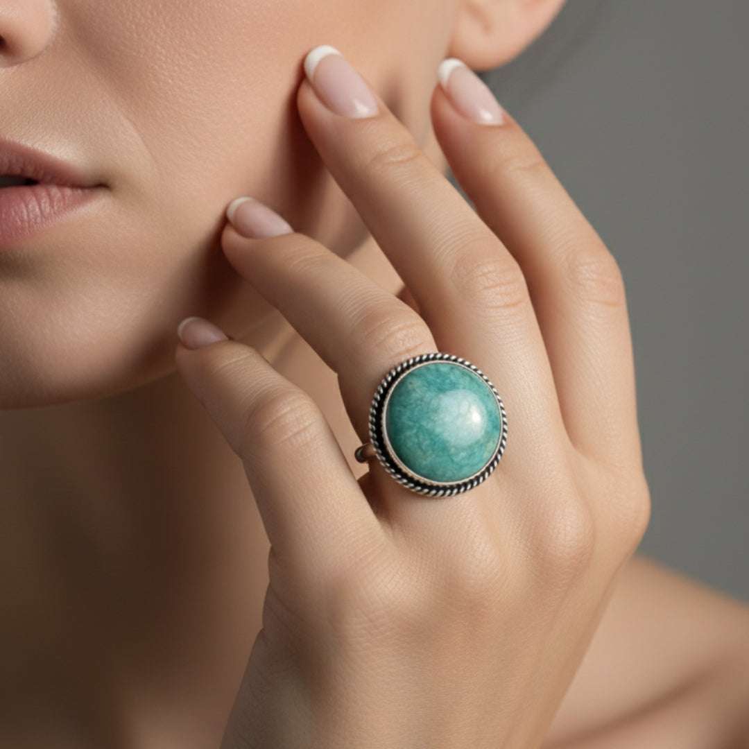 Seafoam Green Amazonite Oxidized Silver Finger Ring