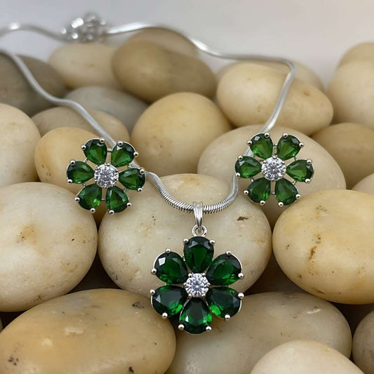 Green Floral American Diamond Necklace Set