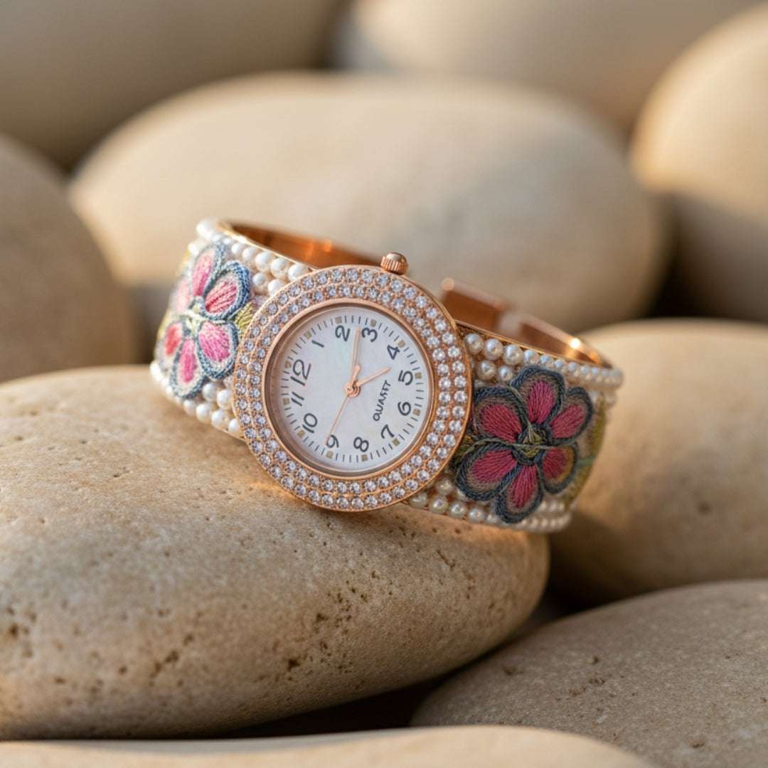 Embroidered Floral Bangle Watch – Pearl & Crystal Accents