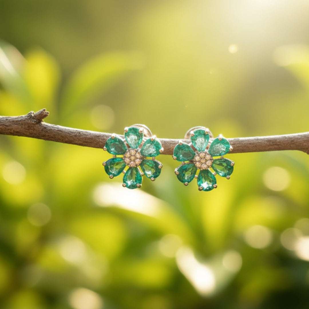 American Diamond Green Enamel Floral Earrings