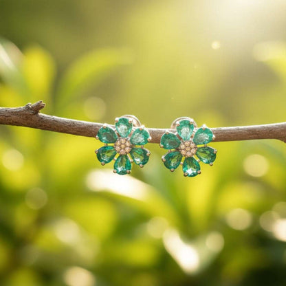 American Diamond Green Enamel Floral Earrings