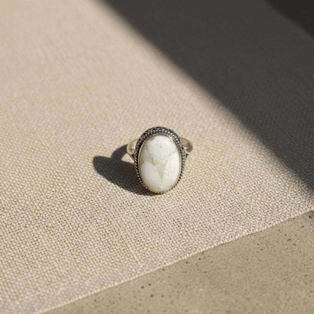 Oxidized Silver White Marble Oval Ring
