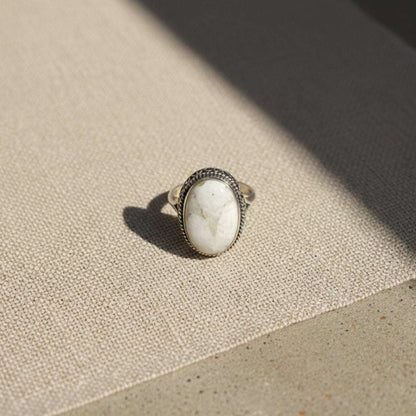 Oxidized Silver White Marble Oval Ring