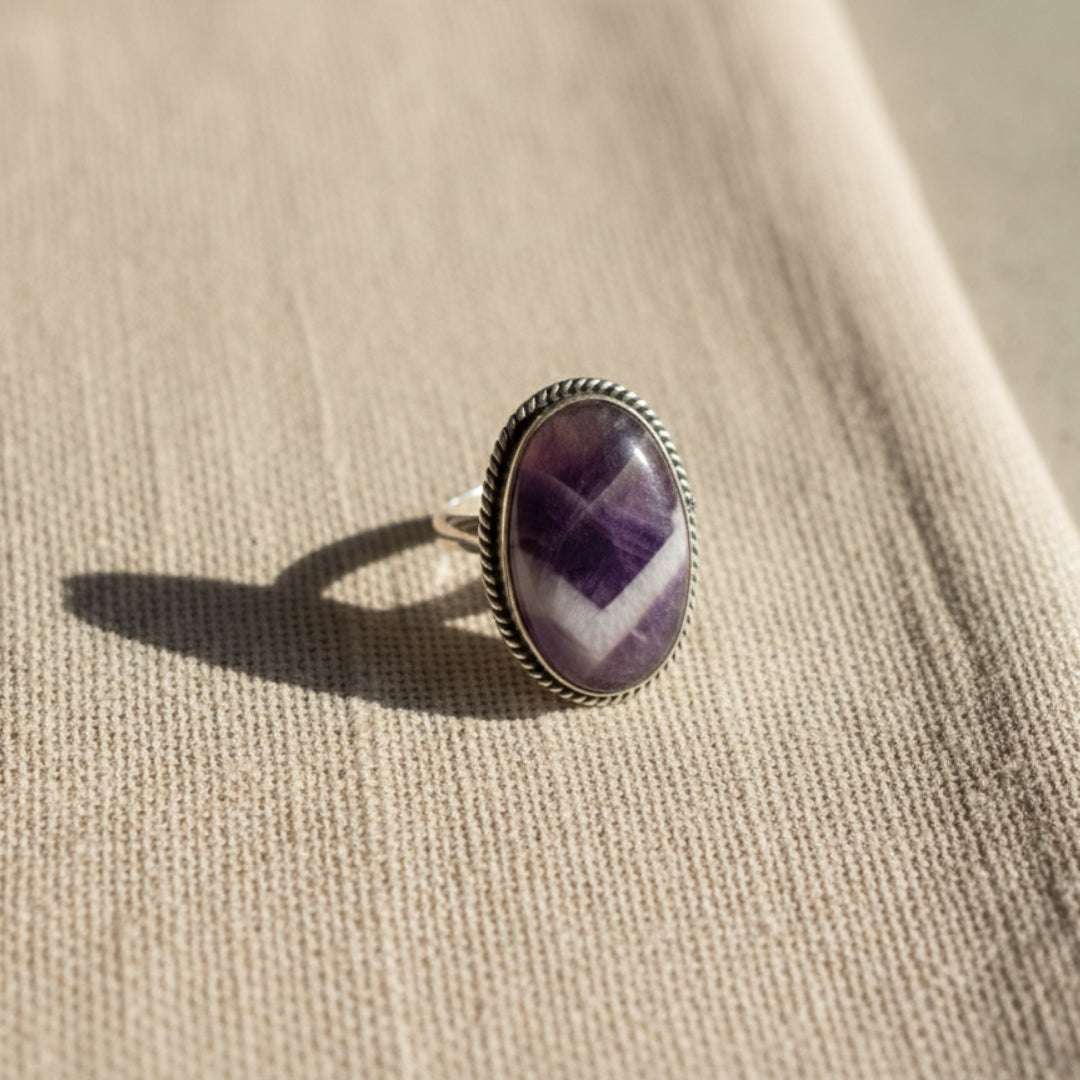 Oxidized Silver Chevron Amethyst Oval Ring