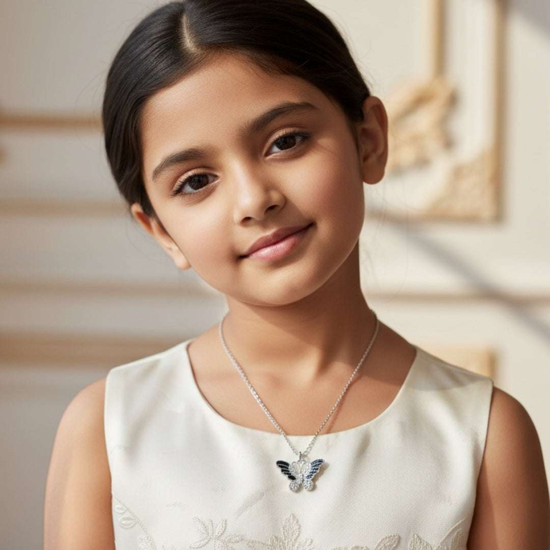 Silver Butterfly Pendant Necklace – Black & White Enamel