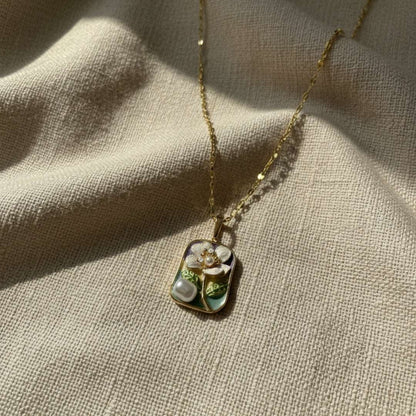 Gold Floral Enamel Pendant Necklace