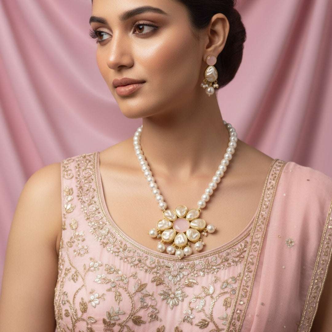 Natural Stone & Pearl Floral Necklace Set