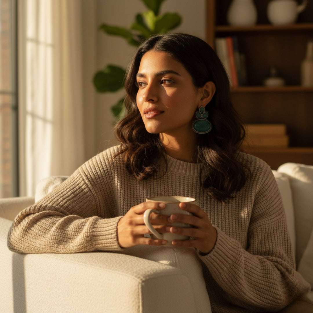 Oxidized Green Stone Oval Stud Earrings