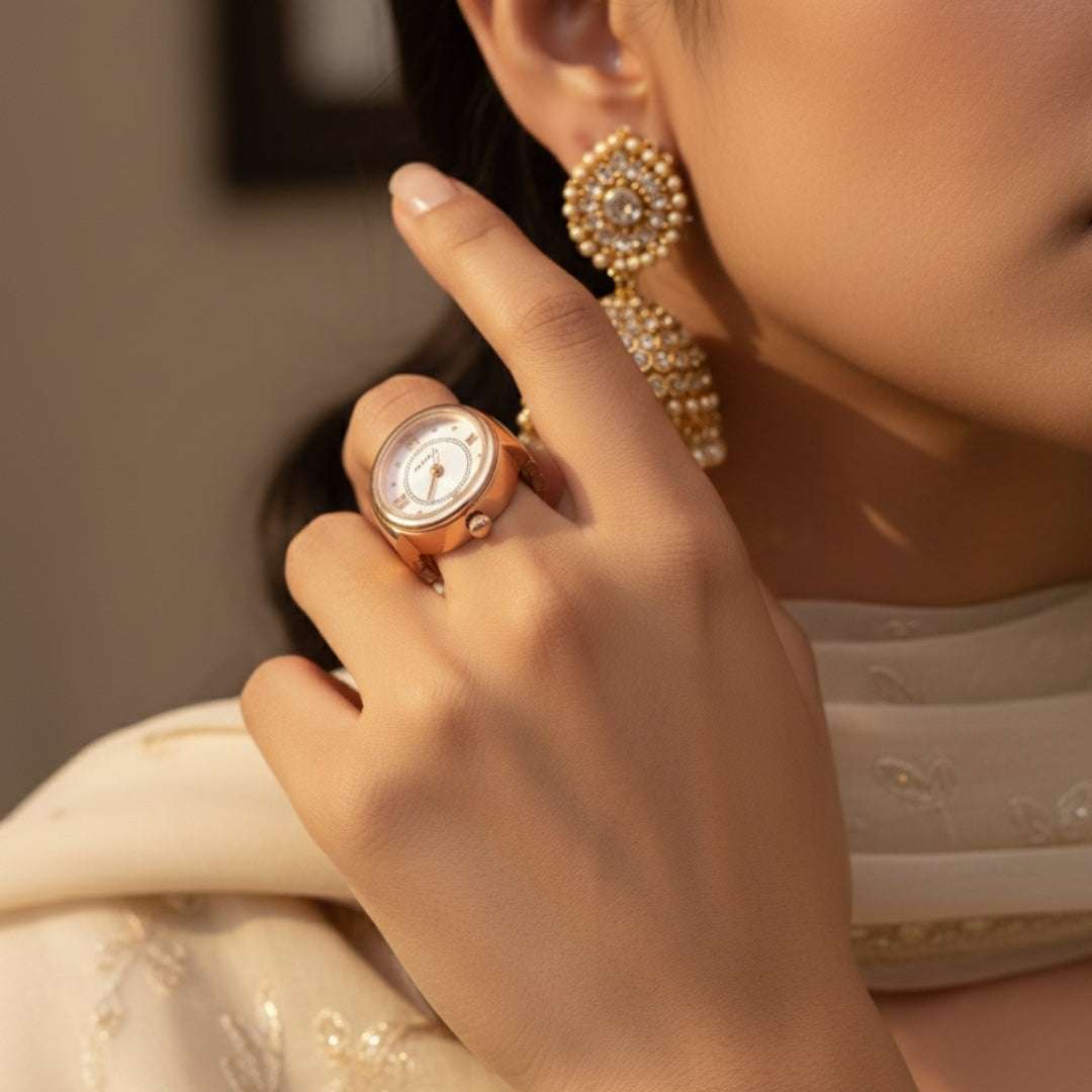 Classic Rose Gold Finger Watch | Roman Dial Adjustable Ring