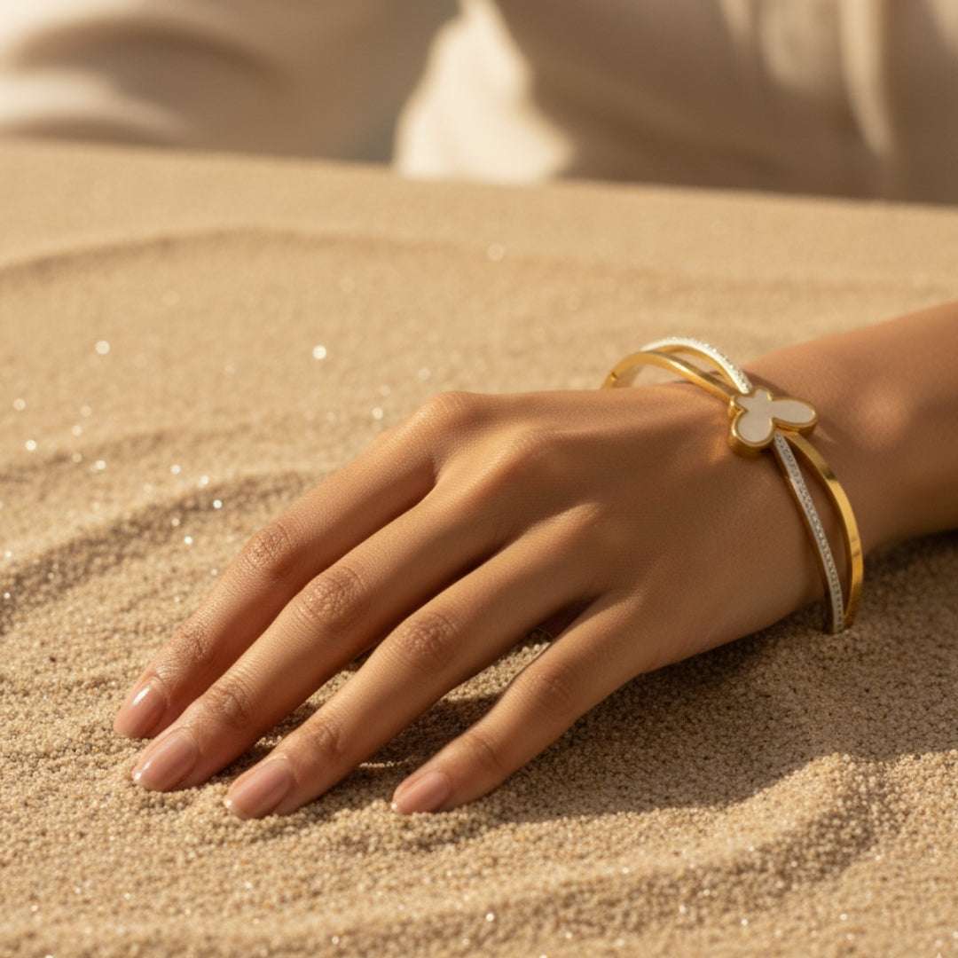 Anti-Tarnish Butterfly Bracelet | Mother of Pearl & Crystal Bangle