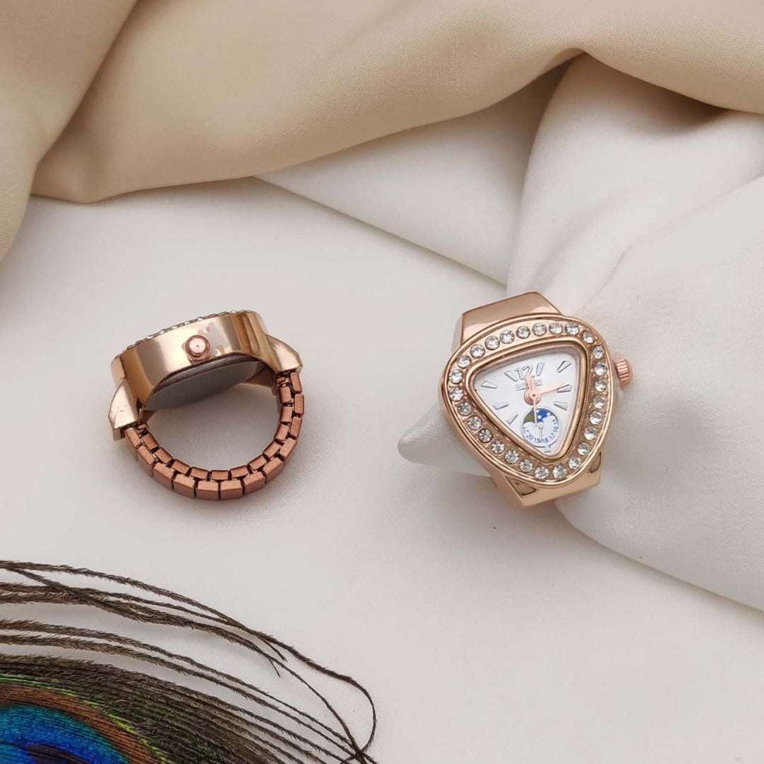 Rose Gold Finger Watch | Crystal Studded Fashion Ring