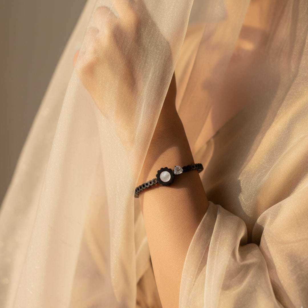 Black Plated Floral Bracelet | Pearl & Crystal Accent Bangle