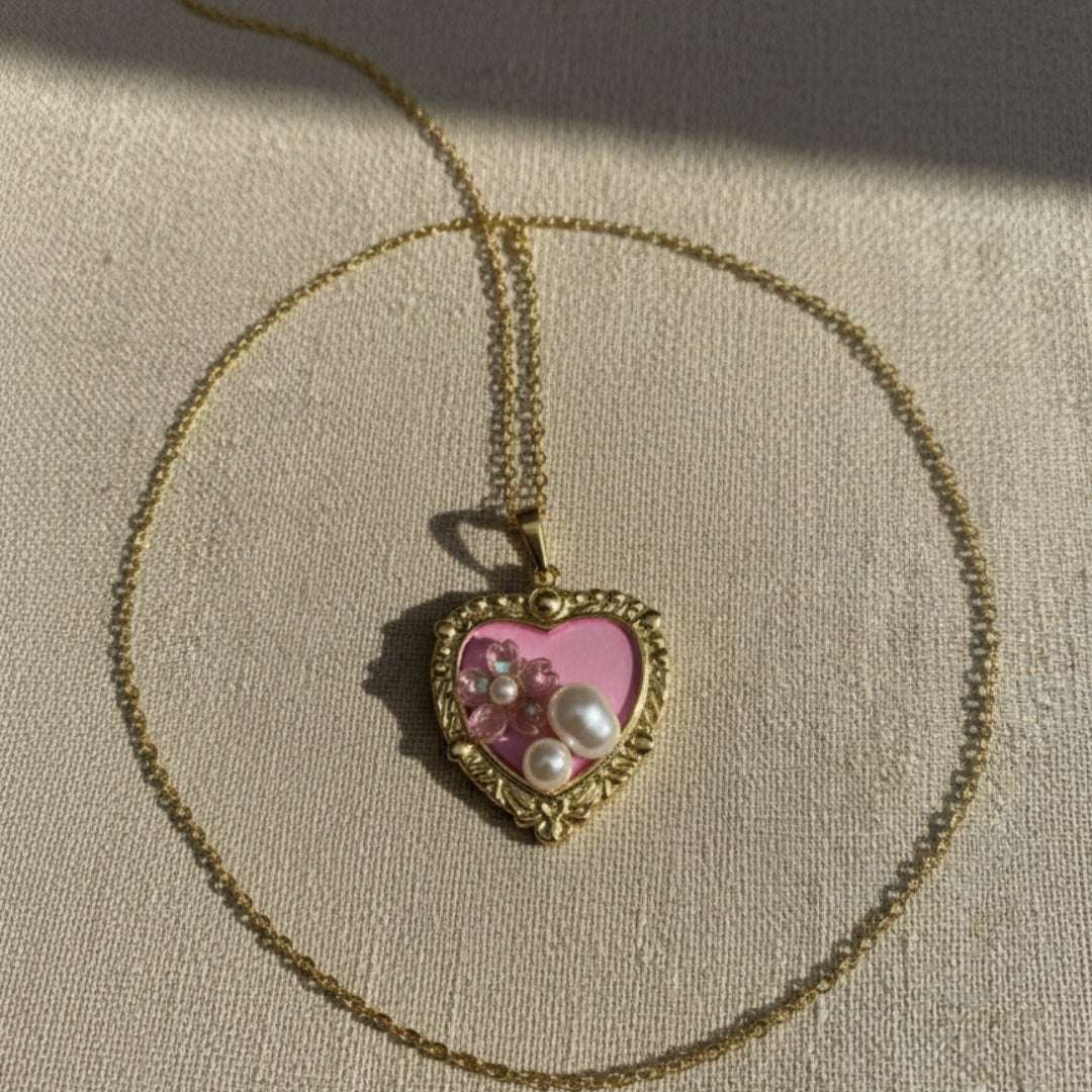 Gold Heart Pendant Necklace with Pearls