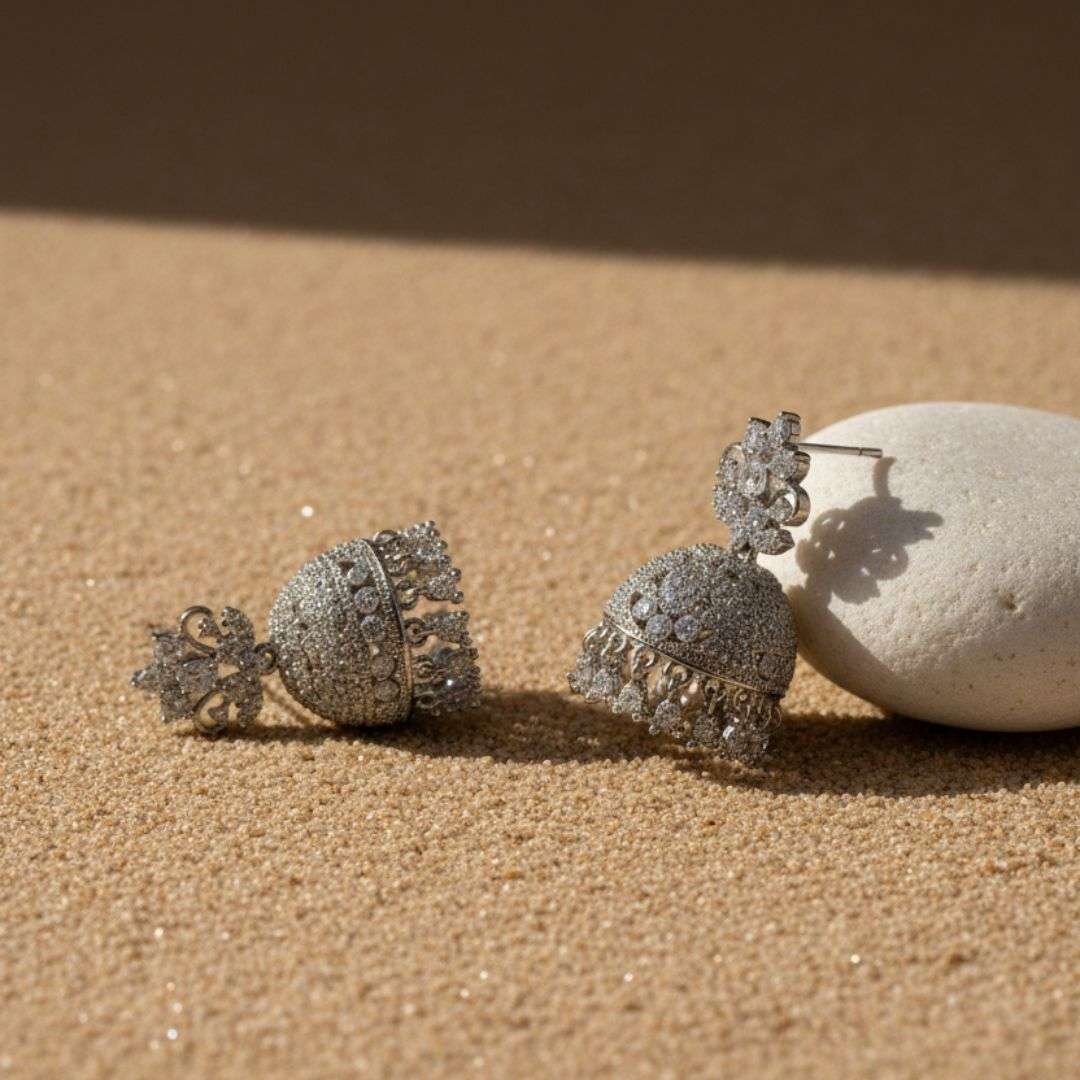 American Diamond Jhumka Earrings – Bridal Silver