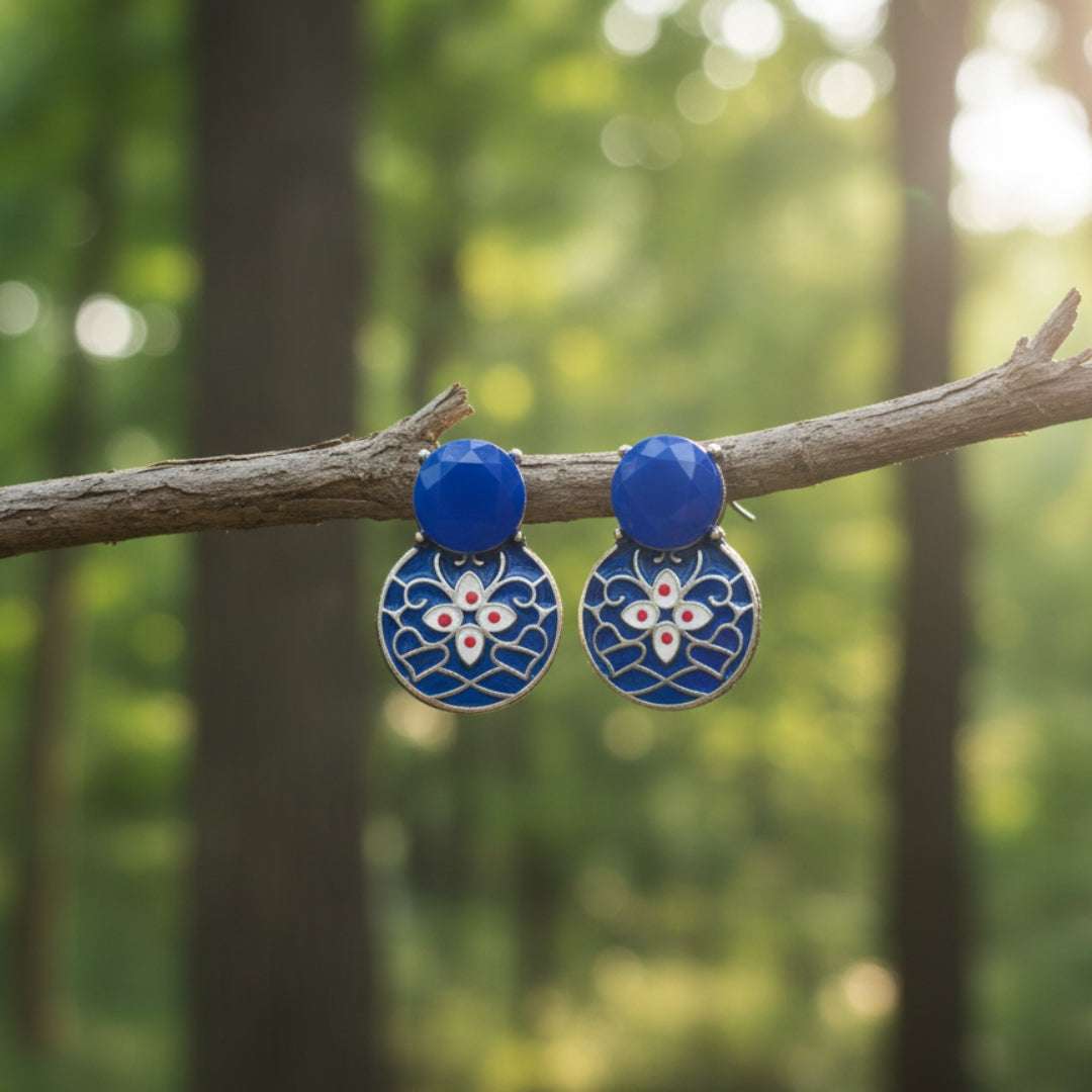 Oxidised Blue Enamel Floral Stud Earrings